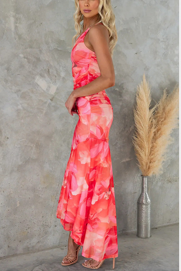 NEVOLI™ | Deja Mesh Overlay Bloemenprint Eén Schouder Geruwde Stretch Maxi Jurk