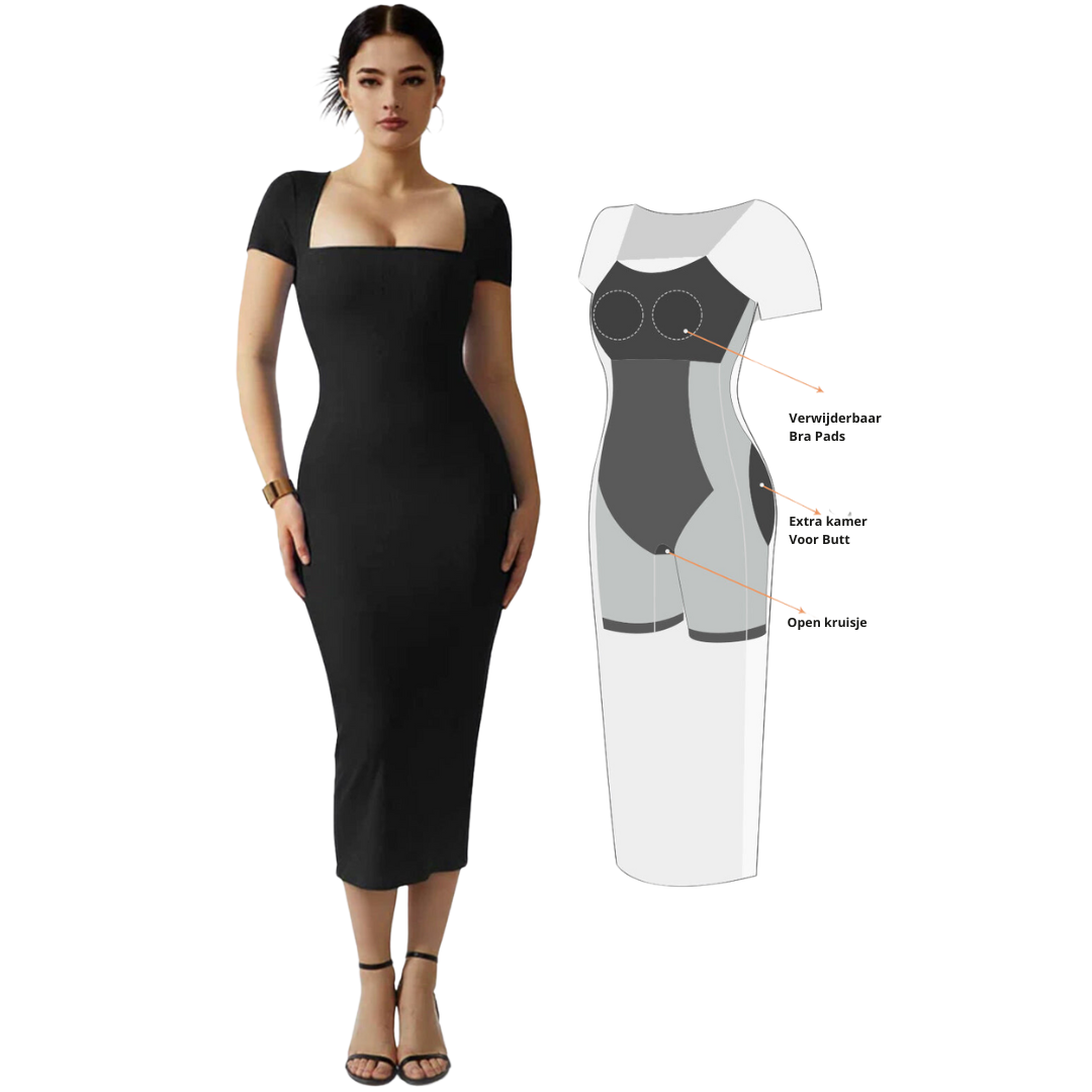 MONDIALLY™ | Queen Anne Neckline Jurk Met Ingebouwde Shapewear