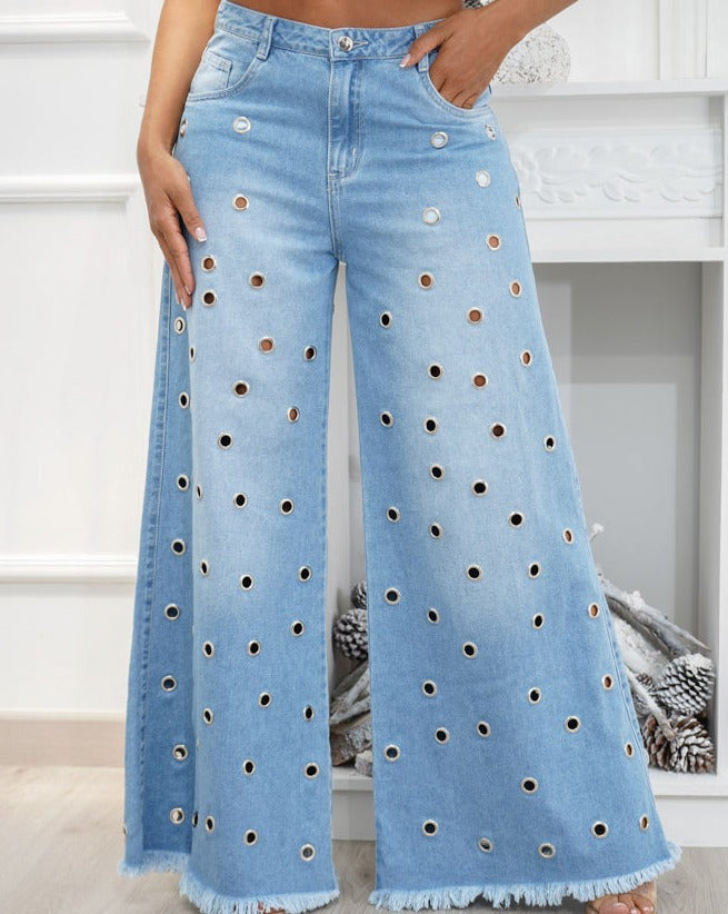 NEVOLI™ |  Losse Palazzo Oogjes-Jeans - Licht Blauw